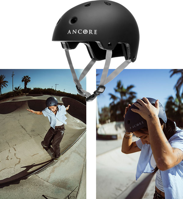 Black Ancore skate helmet shown in close-up and in use at a skatepark