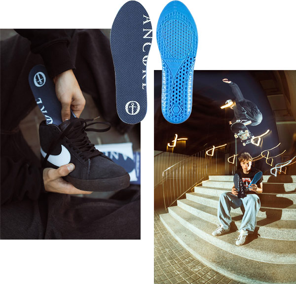 Ancore skate insoles shown in a skate shoe and during skateboarding