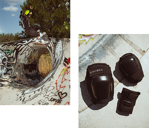 Black Ancore knee, elbow and wrist pads arranged on a concrete skatepark surface